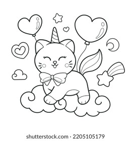 Cute cat unicorn cloud hand drawn coloring page