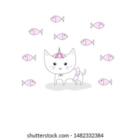Cute cat in unicorn costume with fishes on white background