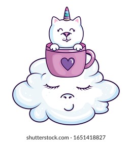 cute cat unicorn in cup with cloud kawaii style vector illustration design