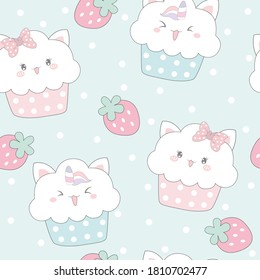 Cute cat unicorn cupcakes with strawberries seamless pattern.