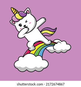 Cute Cat Unicorn Dabbing On Rainbow Cloud Cartoon Vector Icon Illustration. Animal Nature Icon Concept Isolated Premium Vector.
