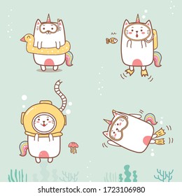 cute cat unicorn diving in the sea with a fish cartoon hand drawn for summer