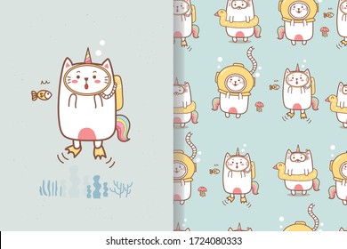 cute cat unicorn diving in the sea with a fish cartoon hand drawn for summer pattern.