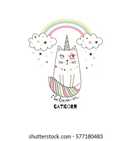 cute cat unicorn, doodle illustration for kids