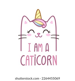 Cute Cat Unicorn Face character. Cartoon Kitten with 