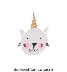Cute cat unicorn face. Funny doodle animal. Little kitten in nursery cartoon style. Good for posters, cards, clothes and stationery