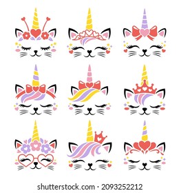 Cute cat unicorn face vector. Set for Valentines Day. Kitten head with heart, wreath, crown, hair bow,unicorn horn for girls. Magic caticorns. Funny illustrations isolated on white background.