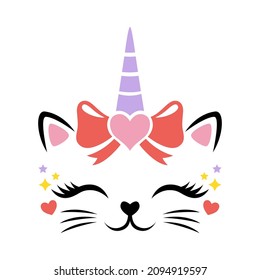 Cute Cat Unicorn Face Vector For Valentines Day. Kitten Head With Hair Bow, Unicorn Horn And Hearts For Girls. Magic Caticorn Character. Funny Baby Animal. Illustration Isolated On White Background.