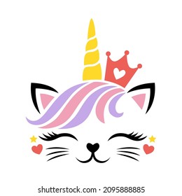 Cute cat unicorn face vector for Valentines Day. Kitten head with heart crown, unicorn horn for girls. Magic caticorn character. Funny baby animal. Illustration isolated on white background. For card,