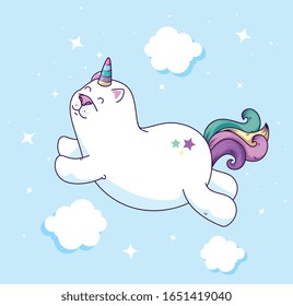 cute cat unicorn fantasy with clouds vector illustration design