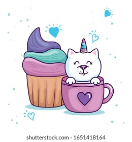 cute cat unicorn fantasy in cup with cupcake vector illustration design