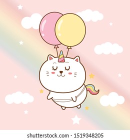 cute cat unicorn flying into the sky with balloons. cartoon hand drawn for kid.and rainbow background