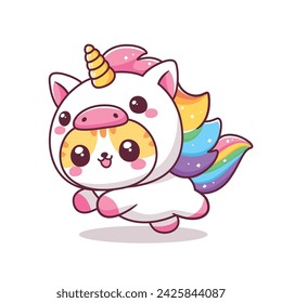 Cute cat unicorn flying kawaii mascot cartoon illustration