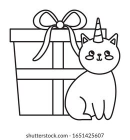 cute cat unicorn with gift box icon vector illustration design