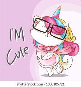 Cute Cat unicorn. Cat unicorn with glasses illustration. Cat unicorn cartoon. animal character vector-vector