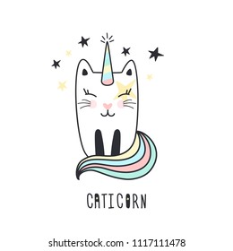 Cute cat unicorn hand drawn. Vector illustration