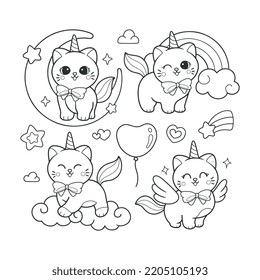 Cute cat unicorn hand drawn coloring page