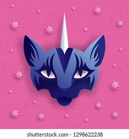 Cute cat unicorn head with stars. Vector 3D caticorn animal  colorful illustration, paper cut style.