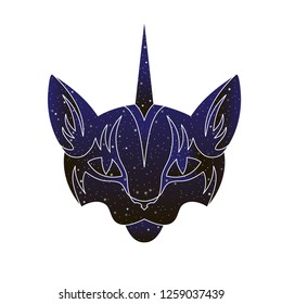 Cute cat unicorn head. Vector line caticorn animal illustration, night sky color silhouette isolated on white background.