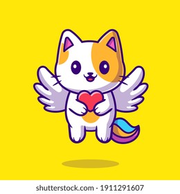 Cute Cat Unicorn Holding Heart Cartoon Vector Icon Illustration. Animal Nature Icon Concept Isolated Premium Vector. Flat Cartoon Style