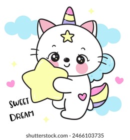 Cute cat unicorn hug magic star sweet dream fairy tales. Series: Good night kiss bedtime story Kawaii animals sleeping funny kitten playing (Character cartoon). For baby t shirt, celebration party.