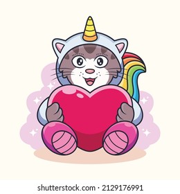Cute cat unicorn hugs love cartoon. Animal vector icon illustration, isolated on premium vector