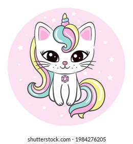 Cute cat unicorn. Kawaii. Fantasy animal. Children's illustration. For the design of prints, posters, stickers, badges, postcards, etc. Vector.