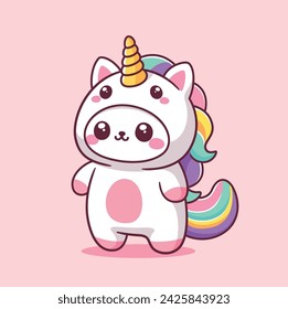 Lindo gato unicornio kawaii mascota ilustración de dibujos animados