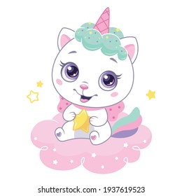 Cute cat unicorn with little star sitting on pink cloud. Caticorn vector cartoon illustration for kids.