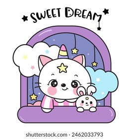 Cute cat unicorn lover with bunny rabbit sweet dream fairy tale on window. Series: Good night kiss bedtime story Kawaii animals sleeping funny kitten playing (Character cartoon). For baby t shirt.