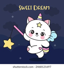 Lindo gato unicornio amante atrapar estrella mágica dulce sueño cuentos de hadas. Serie: Beso de buenas noches cuento de la hora de dormir Kawaii animales durmiendo divertido gatito jugando (Caricatura del personaje). Para la camiseta del bebé, celebración.