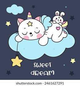 Cute cat unicorn lover holding star with bunny rabbit friend on cloud sweet dream fairy tale. Series: Good night kiss Kawaii animals sleeping funny kitten playing (Character cartoon). baby t shirt