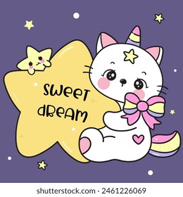 Cute cat unicorn lover hug  sweet dream star fairy tale. Series: Good night kiss Kawaii animals funny kitten playing (Character cartoon). Perfect make a wish for baby t shirt, celebration party.