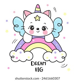 Cute cat unicorn lover on rainbow sweet dream fairy tale. Series: Good night kiss Kawaii animals sleeping funny kitten playing (Character cartoon). Perfect make a wish for baby t shirt, celebration.