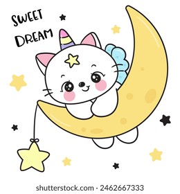 Cute cat unicorn lover on moon with star sweet dream fairy tale. Series: Good night kiss bedtime story Kawaii animals sleeping funny kitten playing (Character cartoon). For baby t shirt, celebration.