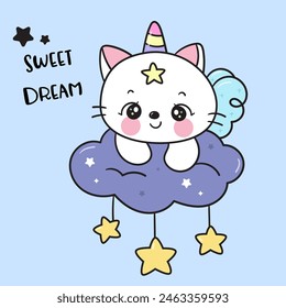 Lindo gato unicornio amante en la nube con la estrella mágica dulce sueño cuento de hadas. Serie: Beso de buenas noches cuento de la hora de dormir Kawaii animales durmiendo divertido gatito jugando (Caricatura del personaje). Para la camiseta del bebé.