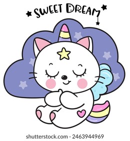 Cute cat unicorn lover sleep on cloud pillow sweet dream fairy tales. Series: Good night kiss bedtime story Kawaii animals sleeping funny kitten playing (Character cartoon). For baby t shirt.