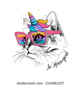 Cute Cat in a unicorn mask: rainbow glasses, mane, horn. So meowgical - lettering quote. Humor card, t-shirt composition, hand drawn style print. Vector illustration.