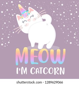 Cute cat unicorn meow, vector illustration for kids, t-shirt prints, children books, greeting cards - Vector