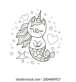 Cute cat unicorn mermaid. Black and white linear illustration. For children's design of coloring books, prints, posters, postcards, stickers, badges, etc. Vector