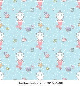 Cute cat unicorn mermaid decorated with shell and diamon seamless pattern on light blue background and white dot like under the sea.