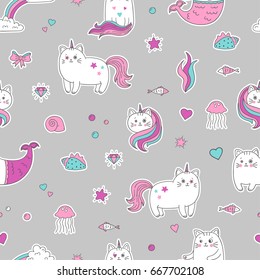 Cute cat unicorn mermaid patches seamless pattern. Vector trendy background. 