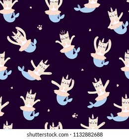 Cute cat unicorn mermaid. Seamless pattern for print on clothes,cases.