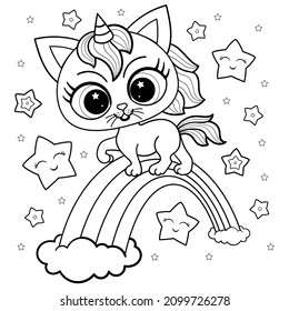 Cute cat unicorn on the rainbow. Black and white, linear image. For children's design of coloring books, prints, posters, stickers, postcards, etc. Vector