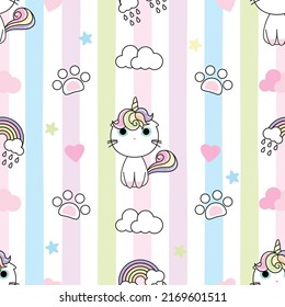 Unicornio de gato lindo sobre rayas arco iris patrón sin fisuras adornado con pata, forma de corazón, estrella, nube, arcoiris