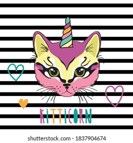 cute cat unicorn on striped background
