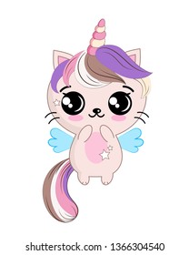 Cute cat unicorn on white background. Isolated  ilustration on white background. Cute little cat. Illustration for childran. 