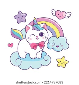 Cute cat unicorn and rainbow cartoon vector illustration