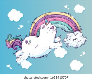cute cat unicorn with rainbow and clouds vector illustration design