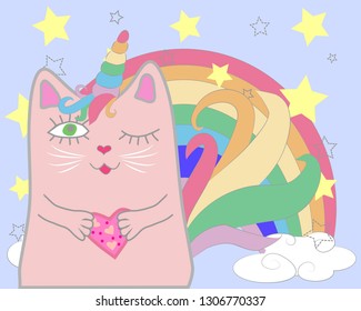 Cute cat unicorn with rainbow and slogan. hand drawn illustration.